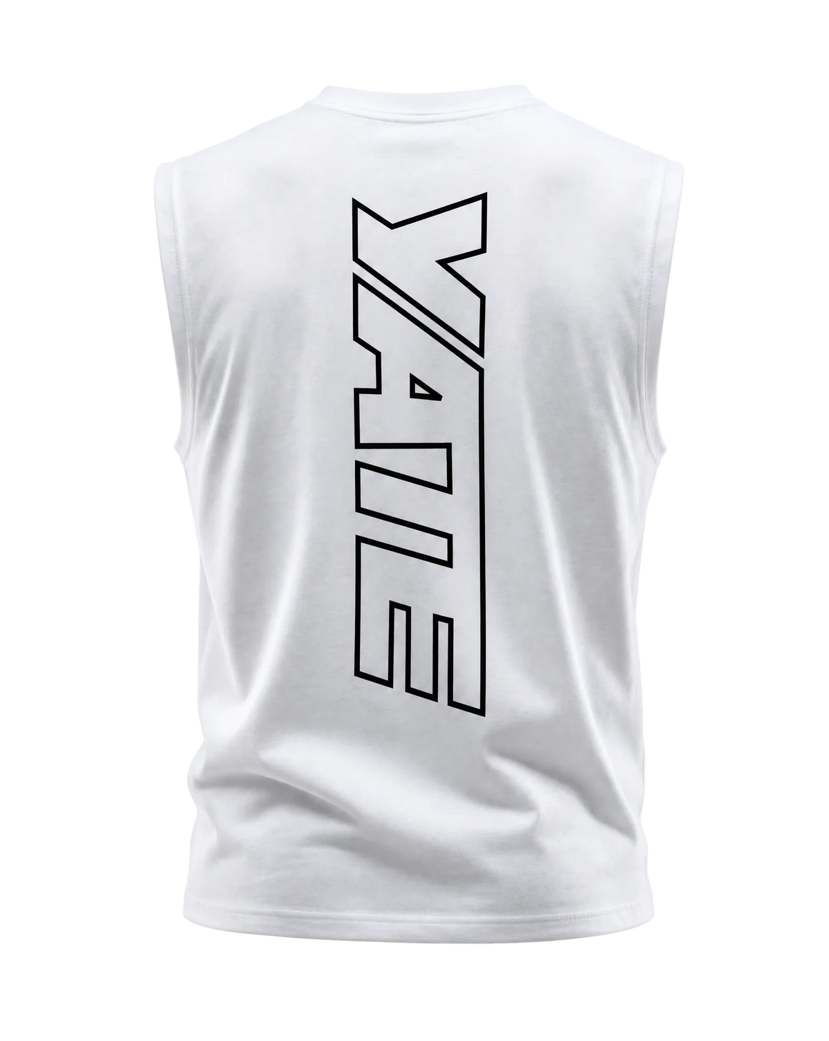 YATE Origin Hybrid Tank-Top in white, back view showing the open-back ventilation panel.