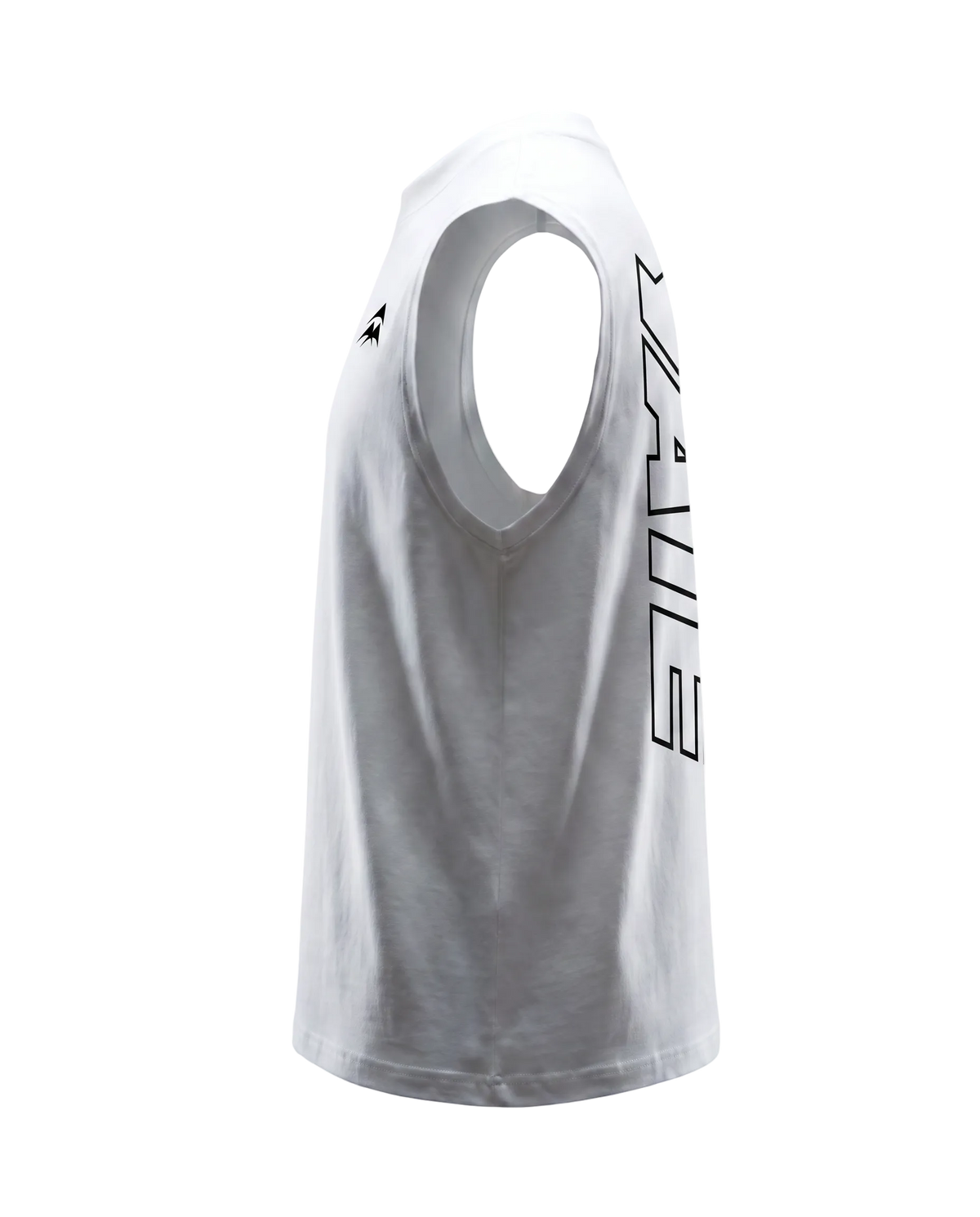 YATE Origin Hybrid Tank-Top in white, left side view showing the fit and armhole cut.