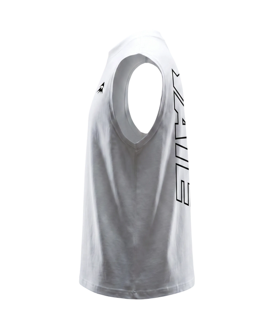 YATE Origin Hybrid Tank-Top in white, left side view showing the fit and armhole cut.