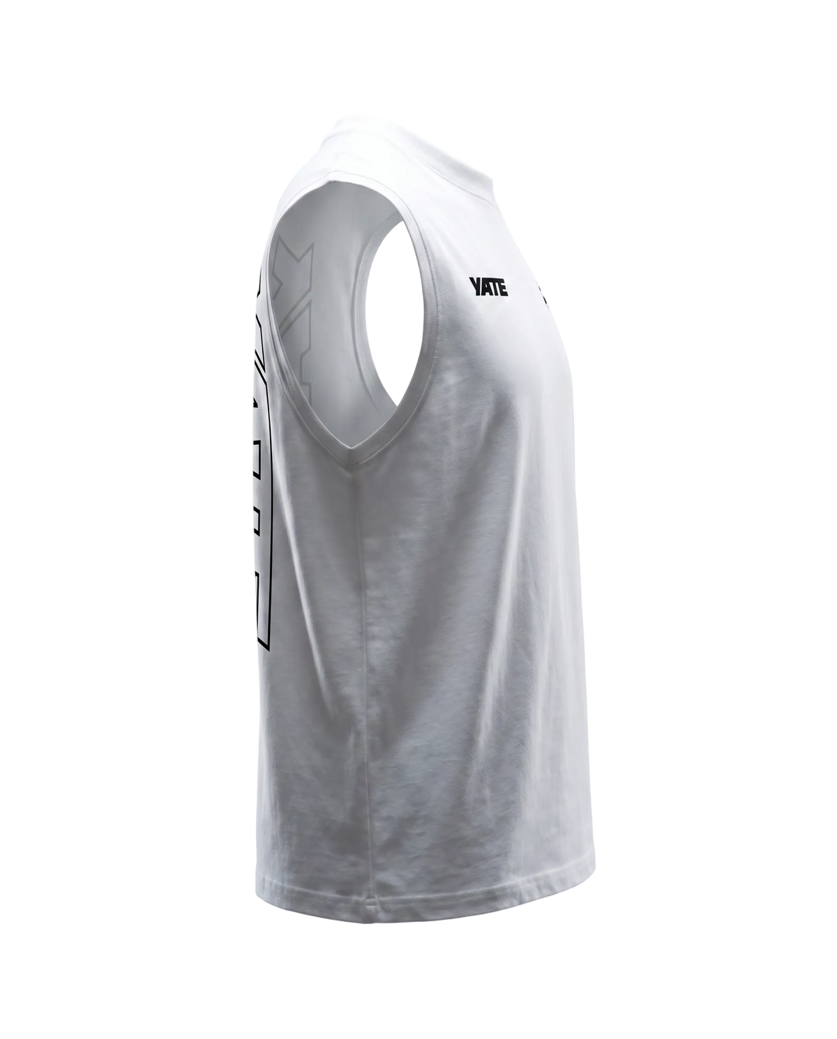 YATE Origin Hybrid Tank-Top in white, right side view showing the fit and armhole cut.
